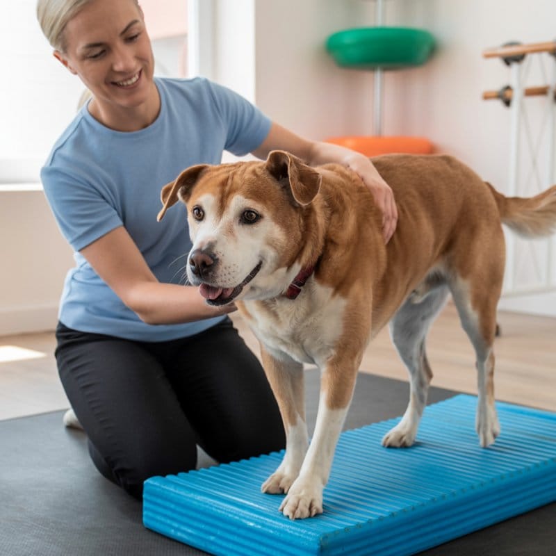 Physiotherapeutin trainiert alten Hund mit Physiotherapie-Übungen im Raum.