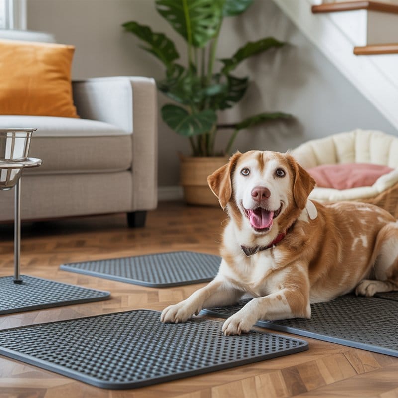 Wohnzimmer mit seniorengerechter Ausstattung für alten Hund.