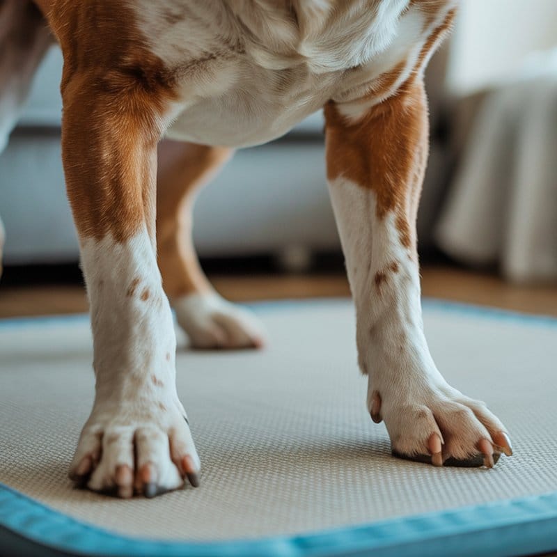 Nahaufnahme von Hundebeinen mit sichtbarer Gelenkschwellung auf weicher Unterlage