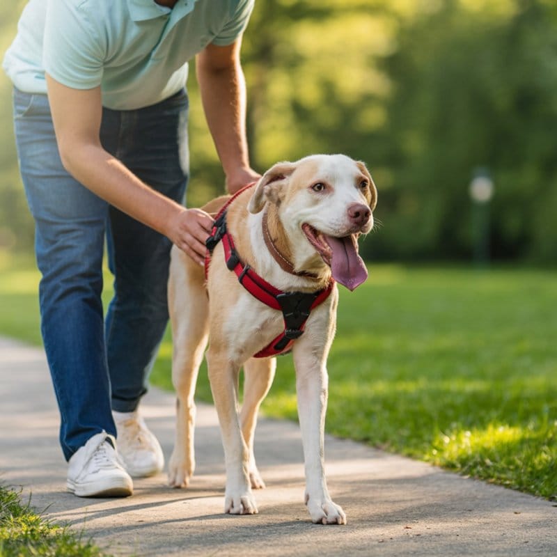 Hundebesitzer hilft einem alten Hund mit einem Hebegeschirr beim Spazierengehen im Park