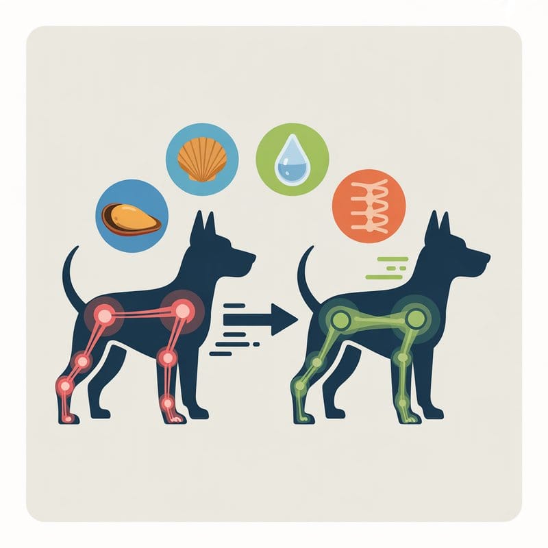 Infografik: Vergleich gesunder und arthrotischer Hundegelenke mit Symbolen für unterstützende Nährstoffe