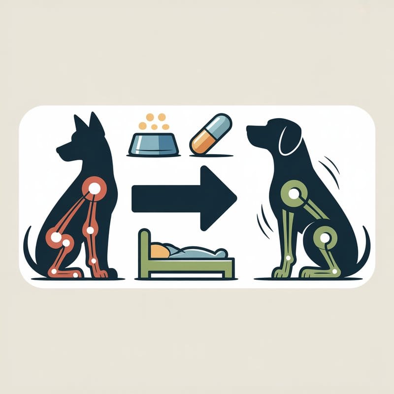 Infografik zum Verlauf und zur Verbesserung von Gelenkschmerzen beim Hund durch verschiedene Maßnahmen
