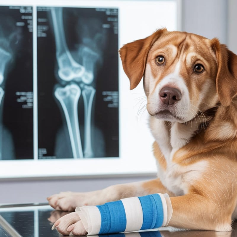 Hund mit Pfotenverband und Röntgenbild im Hintergrund, Fokus auf mögliche Verletzungen und Gelenkprobleme