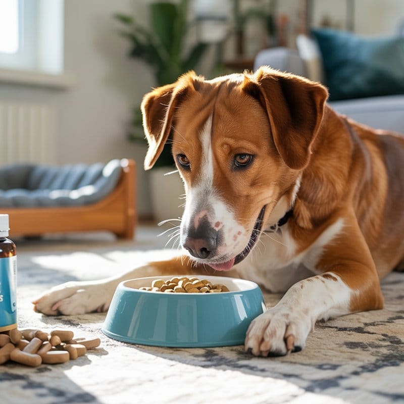 Gesunder Hund mit Napf, Gelenkpräparaten und orthopädischem Hundebett als Zeichen für Behandlung und Vorbeugung