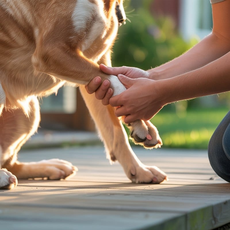 Hundehalter untersucht vorsichtig die Pfote seines Hundes