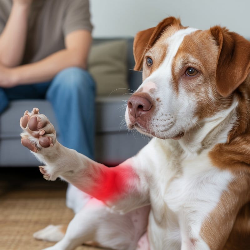 Hund mit schmerzverzerrtem Gesicht hält operiertes Bein oben, Schwellung am Knie sichtbar, besorgter Besitzer im Hintergrund