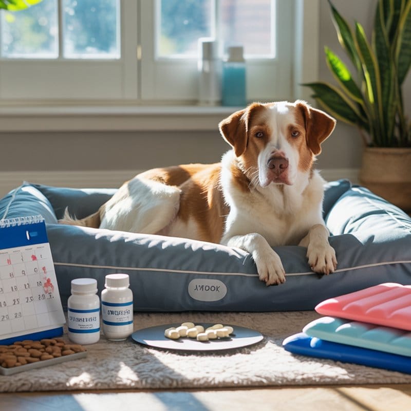 Hund entspannt auf orthopädischem Hundebett, mit Kühlpack, Nahrungsergänzung und Kalender zur Genesung