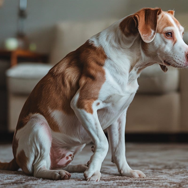 Hund hebt vorsichtig ein Bein beim Aufstehen