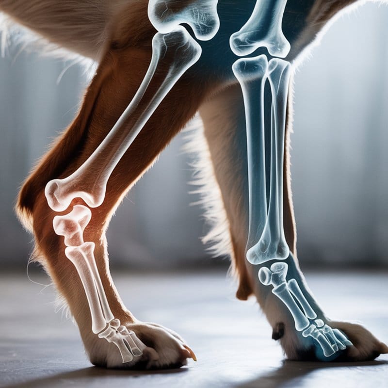 Röntgenaufnahme eines Hundebeins mit markierten Gelenkproblemen