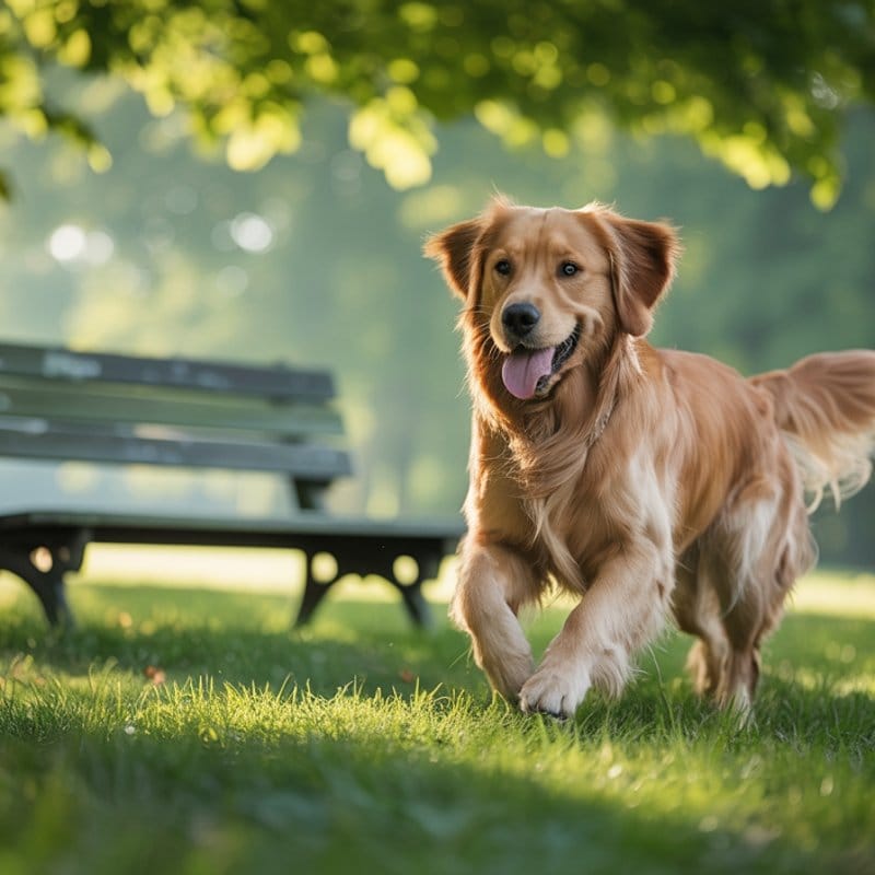 Gesunder Hund läuft aktiv im Park zur Vorbeugung von Gelenkproblemen