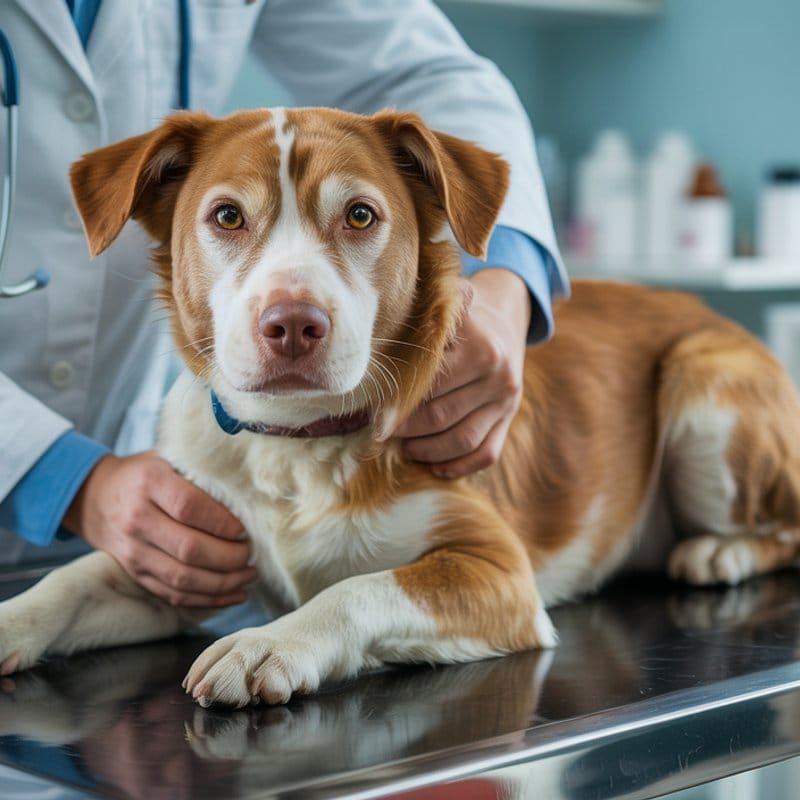 Tierarzt tastet das Bein eines Hundes zur Diagnose ab
