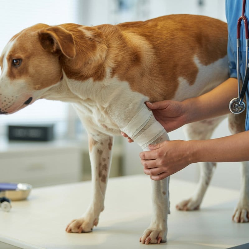 Tierarzt versorgt das Bein eines Hundes in einer modernen Praxis