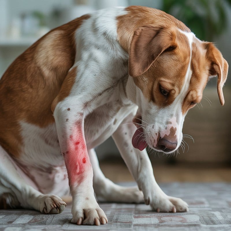 Hund untersucht seine schmerzende, geschwollene Pfote aufmerksam