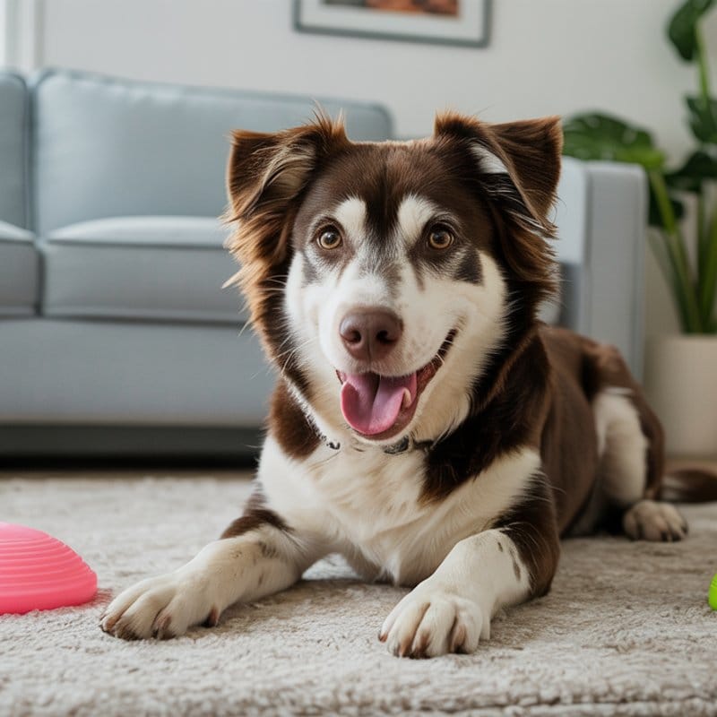 Hund spielt vorsichtig auf weichem Untergrund, gesunde Gelenke im Fokus