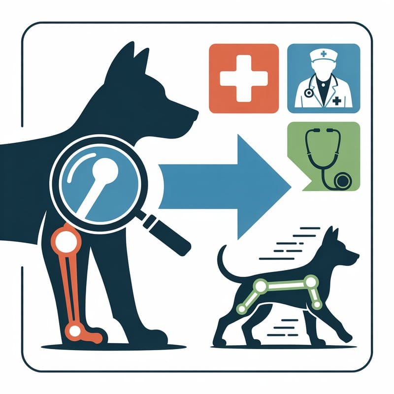 Infografik mit Symbolen: humpelnder Hund, Lupe am Bein, Notfallzeichen, Tierarzt, gesunder Hund