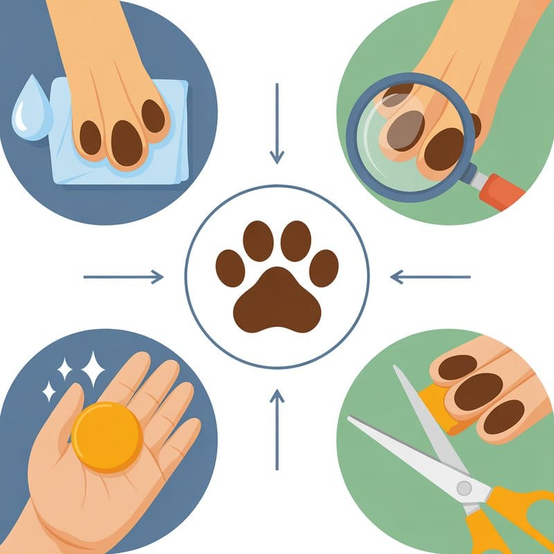 Infografik mit Symbolen zur Pfotenpflege bei Hunden