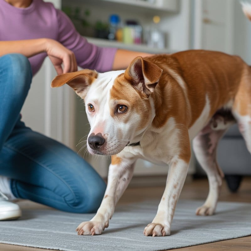 Hund humpelt deutlich mit schmerzverzerrtem Gesicht, Besitzer kniet besorgt daneben