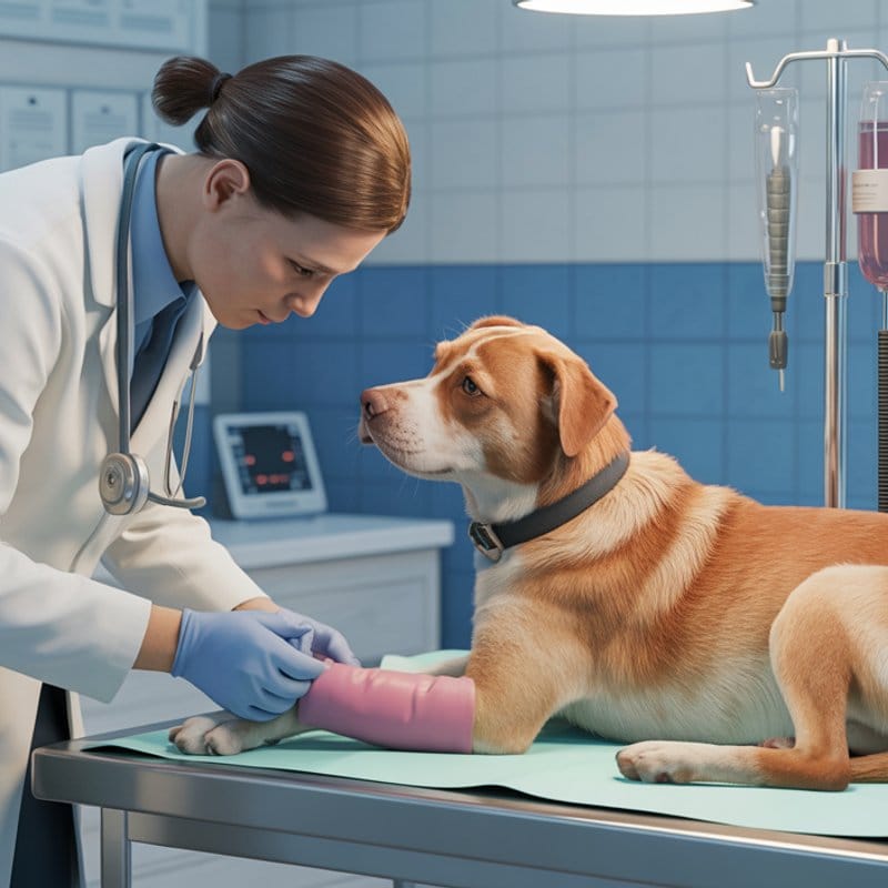 Tierarzt untersucht das geschwollene Bein eines Hundes auf dem Behandlungstisch