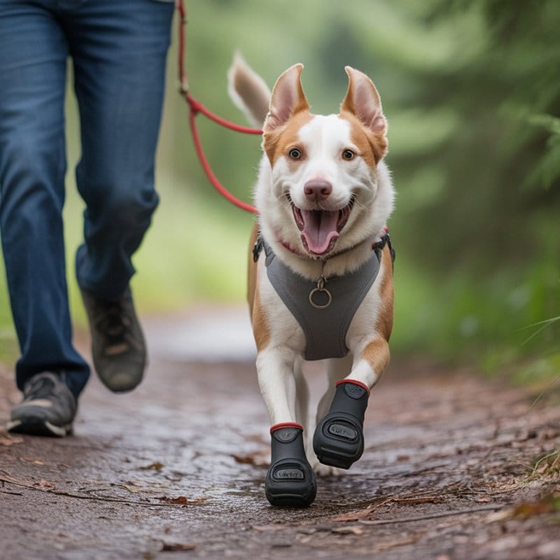 Hund läuft mit schützenden Pfotenschuhen durch den Wald, Besitzer ist dabei