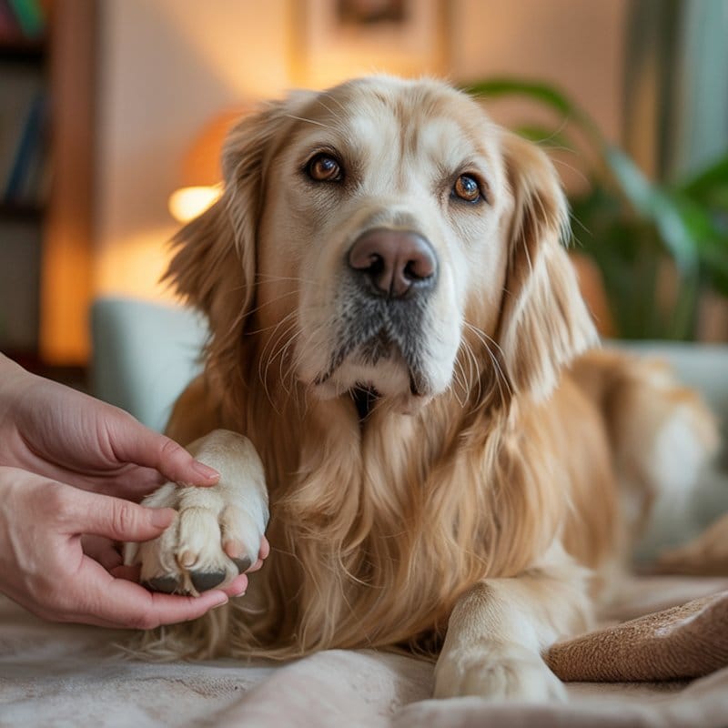 Hände untersuchen vorsichtig die geschwollene Pfote eines Hundes