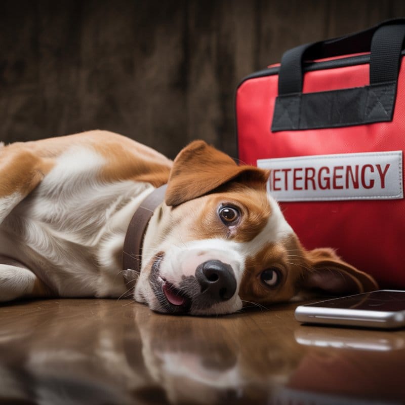 Hund mit starken Schmerzen liegt seitlich, Notfalltasche und Telefon daneben