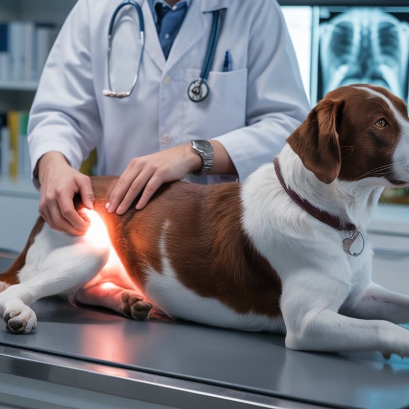 Tierarzt untersucht das Hinterbein eines Hundes auf dem Untersuchungstisch, Röntgenbilder im Hintergrund