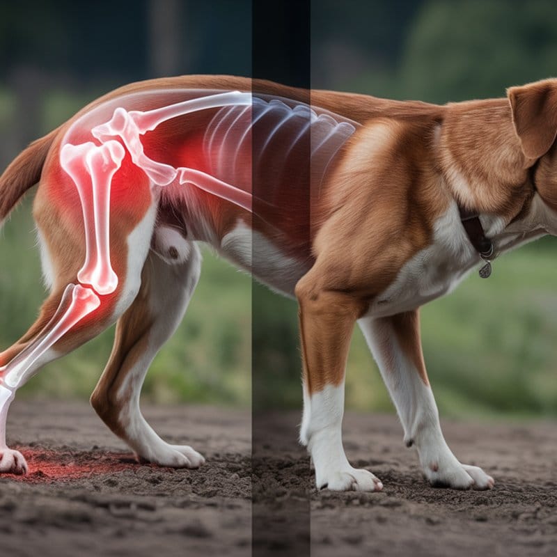 Hund tritt ungleich auf Untergrund, daneben Darstellung der Hüft- und Kniegelenke