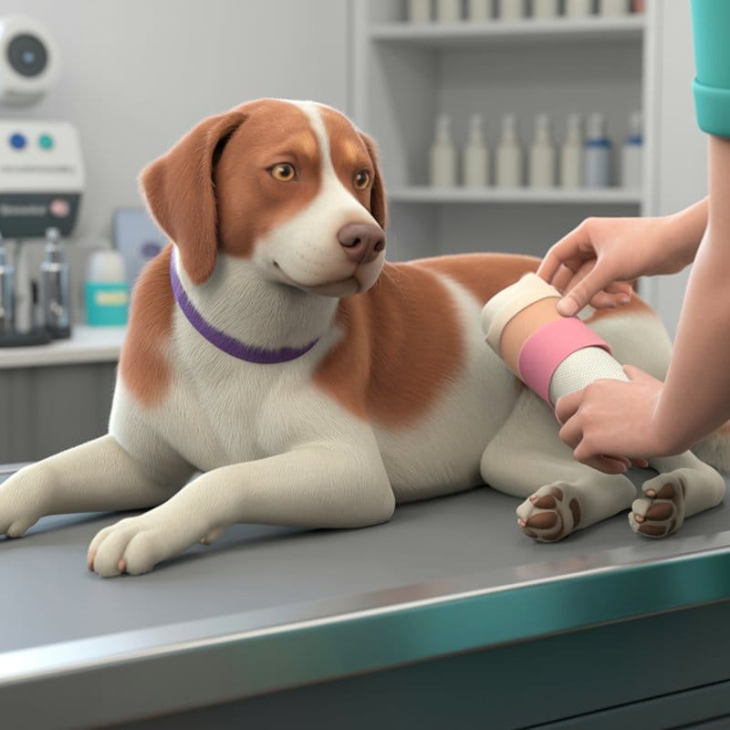 Tierarzt behandelt Hund am Hinterbein mit Verband in der Praxis