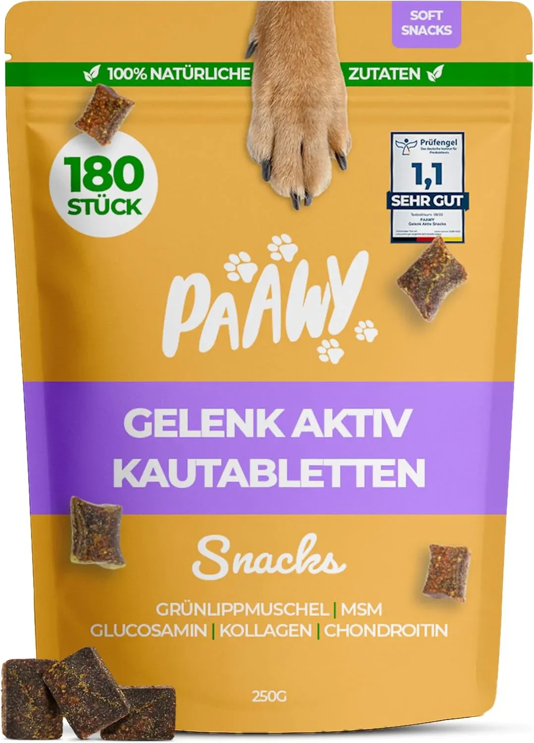 Gelenktabletten für Hunde von Paawy - Test SEHR GUT deutsche Marke - als Snacks mit Grünlippmuschel, MSM, Glucosamin, Chondroitin - sehr hohe Akzeptanz, natürlich, laborgeprüft - 180 Stück