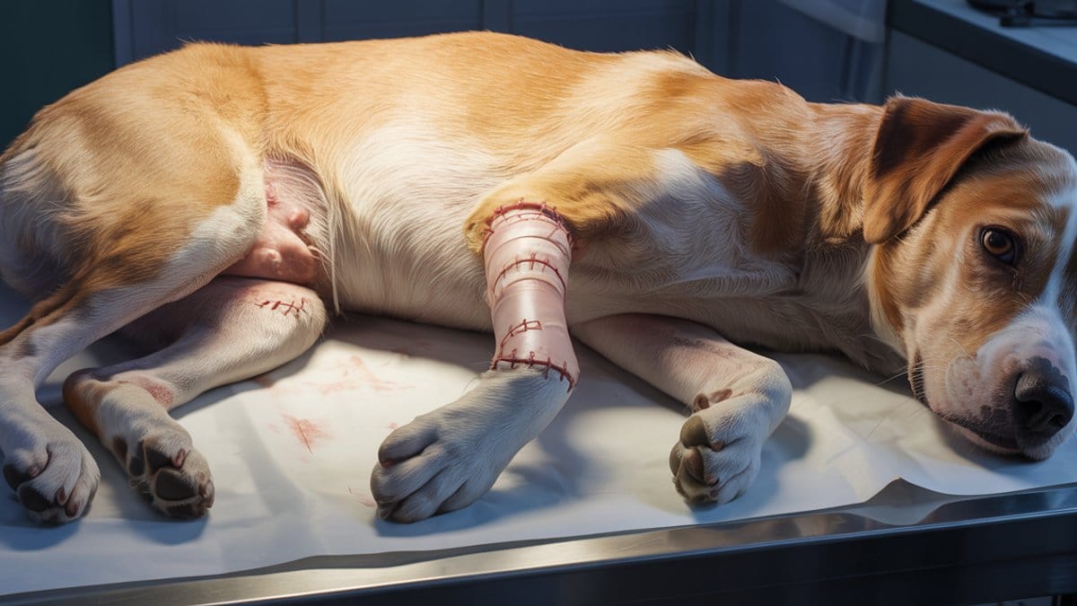 Hund nach Kreuzband-OP mit rasiertem Bein und sichtbaren Nähten, liegt besorgt auf dem Untersuchungstisch, Besitzer hält vorsichtig die Pfote