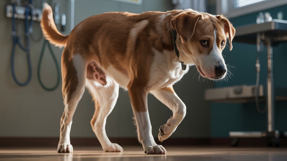 Nahaufnahme eines Hundes mit schmerzendem Hinterbein und besorgtem Blick, Fokus auf das Bein