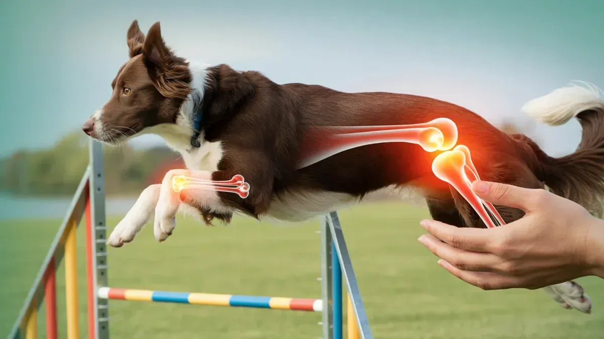 Aktiver Hund springt über Agility-Hürde, Gelenke leuchten anatomisch, fürsorgliche Tierarzt-Hand schützt, warmes medizinisches Design.