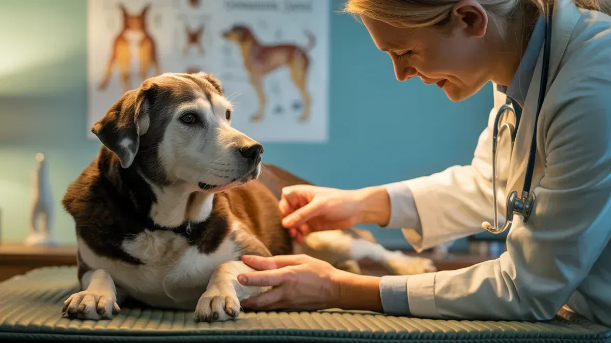 Alter Hund wird von Tierärztin im Behandlungsraum fürsorglich an den Hinterbeinen untersucht, Fokus auf Hund und helfende Hände, warmes Licht.